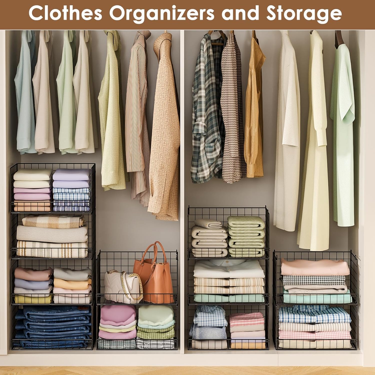 4-Tier Stackable Closet Organizers and Storage Shelves, Clothes Shelf Organizer Basket Bins, Foldable Sweater Storage for Closet Organizer System, Black (Patent Pending) - Image 8