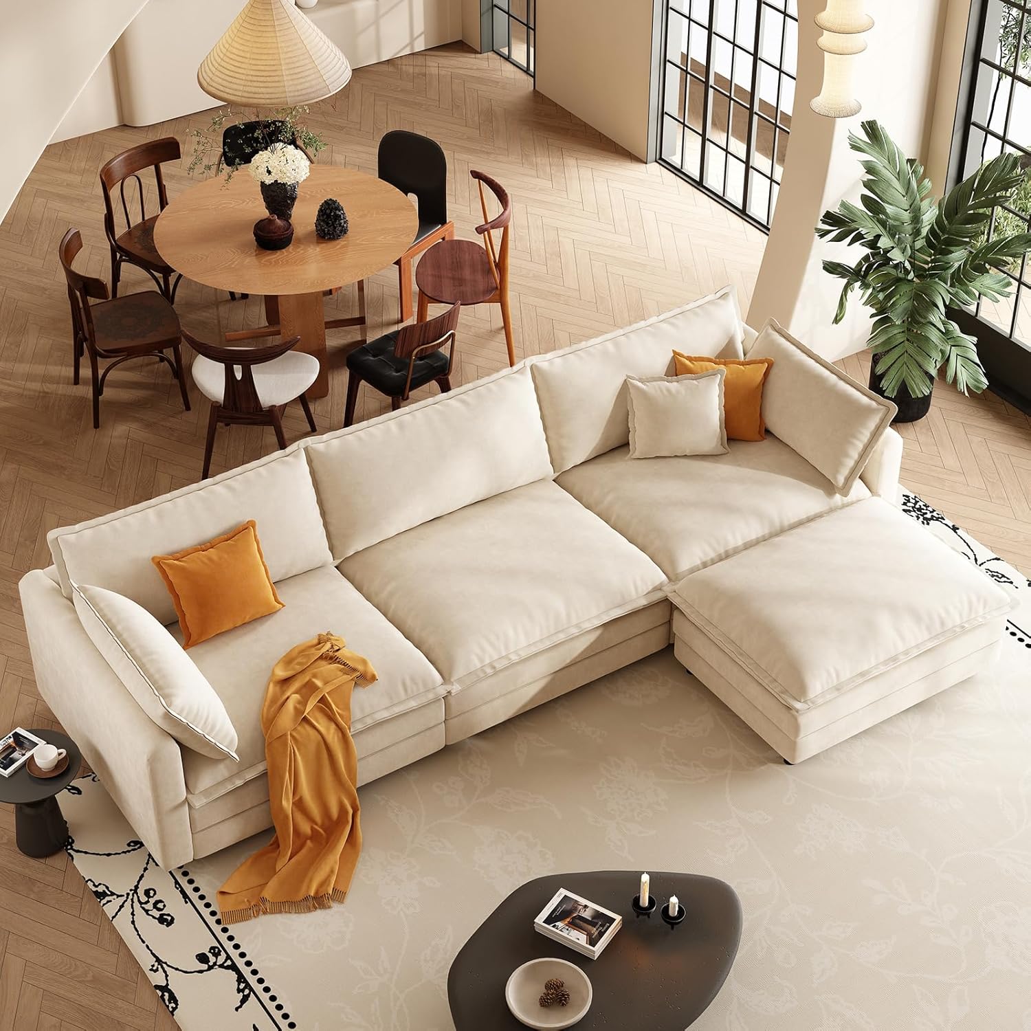 Shaped Modern Sofa Modular Sectional Cloud Couch, 114 Inch L Shaped Couch Set for Living RoomBedroom and Apartment, 4-Seater Comfy Cloud Couches with Movable Ottoman, Chenille, (Beige, 114 Inch-L) - Image 3