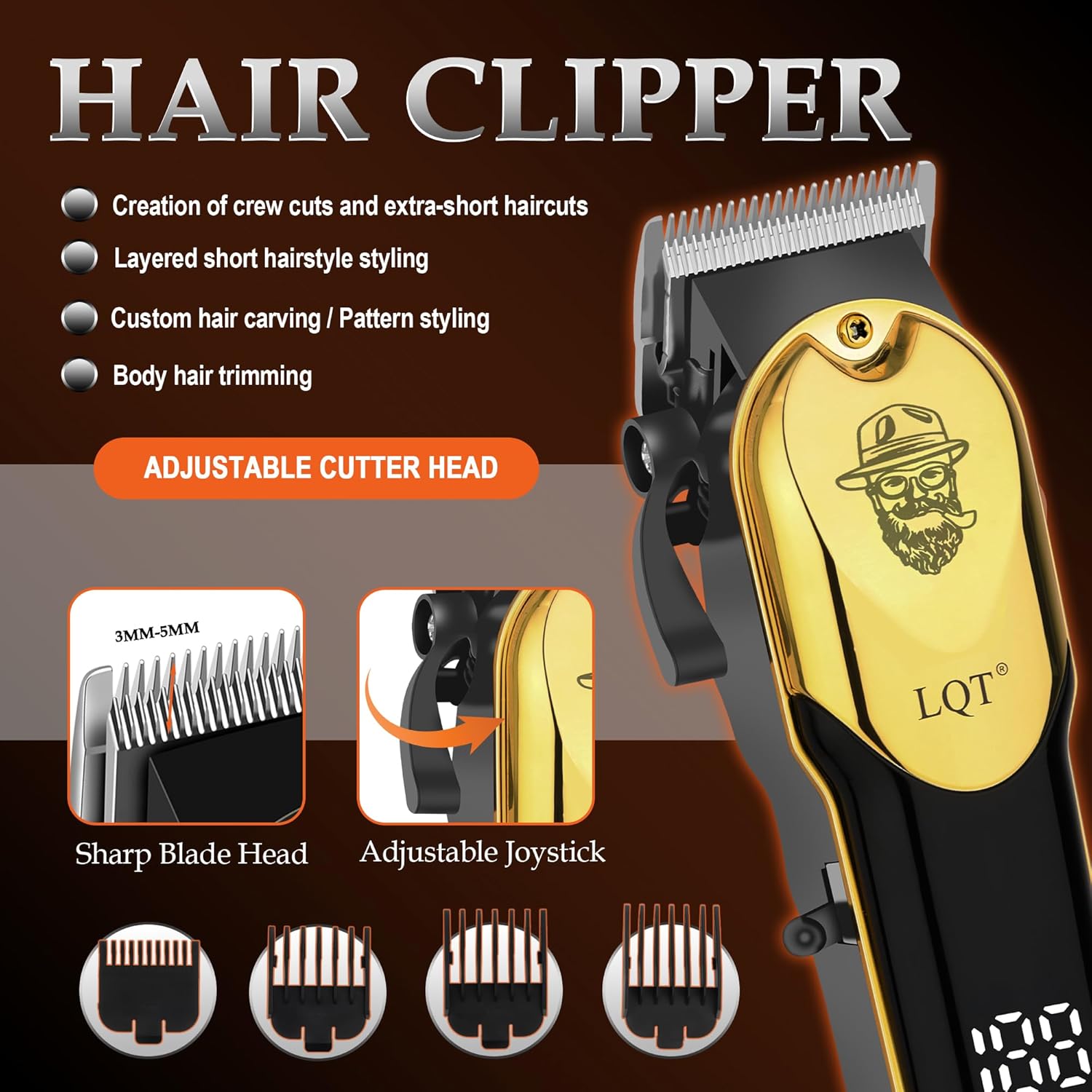 3-in-1 Barber Kit, Professional Hair Clipper, T-Blade Trimmer & Foil Shaver Set, Long-Lasting Battery, LED Display, Cordless Rechargeable Hair Cutting Tools for Men, Gold, Home-use, Gifts for Men - Image 4