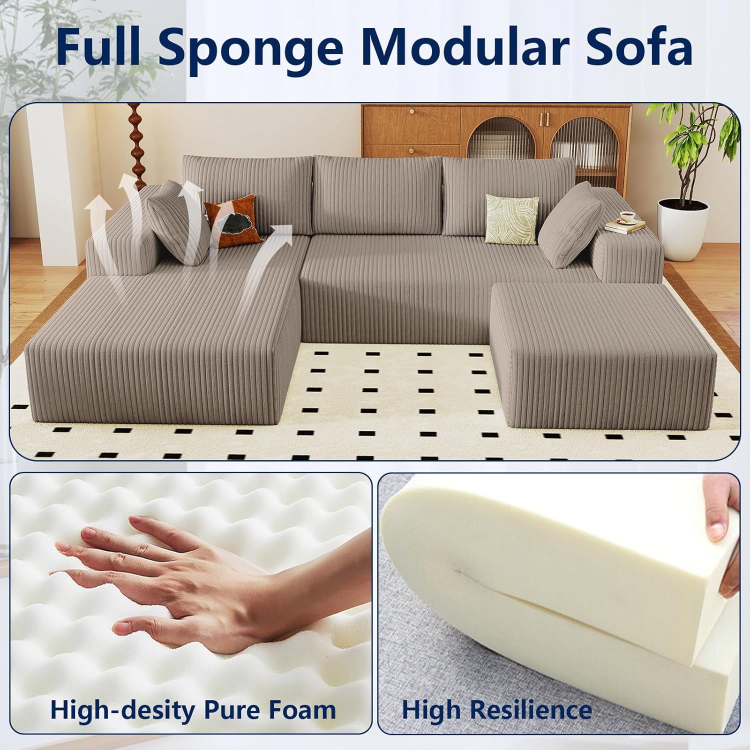 96" Modular Sectional Sofa with Ottoman, Modern Corduroy Cloud Couch with Deep Seat, Boneless Couch Upholstered 3-Seater U-Shaped Sofa for Living Room, No Assembly (Camel, Left-Facing Chaise) - Image 6