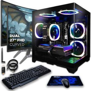 SAAV CORE Prebuilt Gaming PC Bundle Desktop Tower AMD Ryzen 5 5500 GeForce RTX 3050 6GB GDDR6 Dual Curved 27in Monitors 16GB DDR4 512GB NVMe SSD WiFi 6 Windows 11 Black RGB Computer PC Gaming