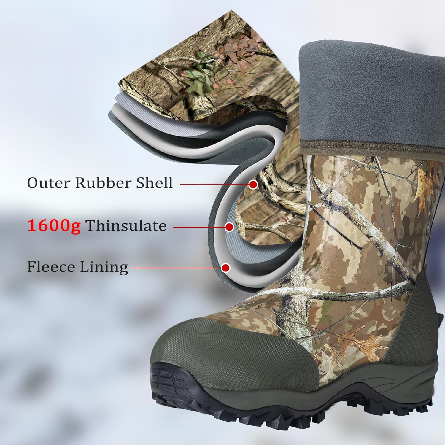 Hunting Boots for Men with 1600g Insulation, Waterproof Rubber Boots with 4mm Neoprene & 2mm Fleece Lining, Rated to -20°F, Anti-Slip Outsole & Steel Shank for Hunting and Outdoor Work - Image 4