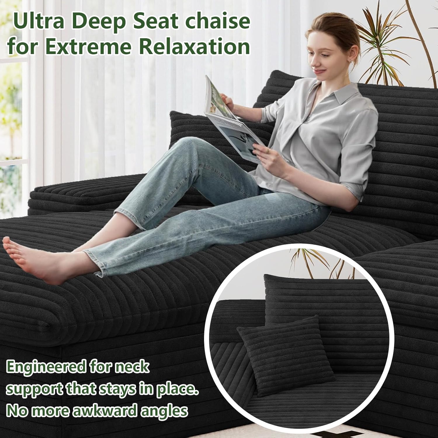 107" Cloud Couch Modular Sectional Sofa for Living Room, U-Shape Boneless Couch with Deep Seat, Modern Corduroy 3-Seater with Ottoman, No Assembly Required (Black,Left-Facing Chaise) - Image 8