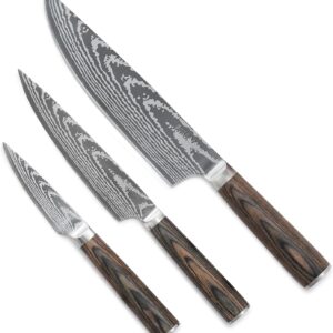 GreenPan x Bobby Flay 3 Piece Knife Set, Pairing Utility & Chef’s Knife, Premium Stainless Steel Blades, Precision Cutting Kitchen Tools, Hand Finished Ergonomic Wood Handle, Damascus Steel Design