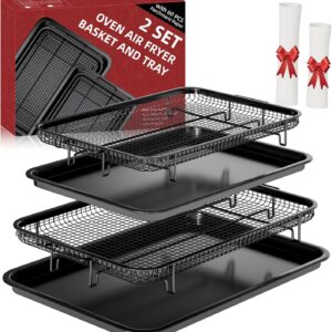Air Fryer Basket for Oven, 2 Set Air Fryer Basket and Tray Set with 60 Sheets Parchment Papers,THORSES Stainless Steel NonStick Air Fryer Pan and Crisper Tray-Black Large15.7“×11.6” & Medium12.8″×8.9″