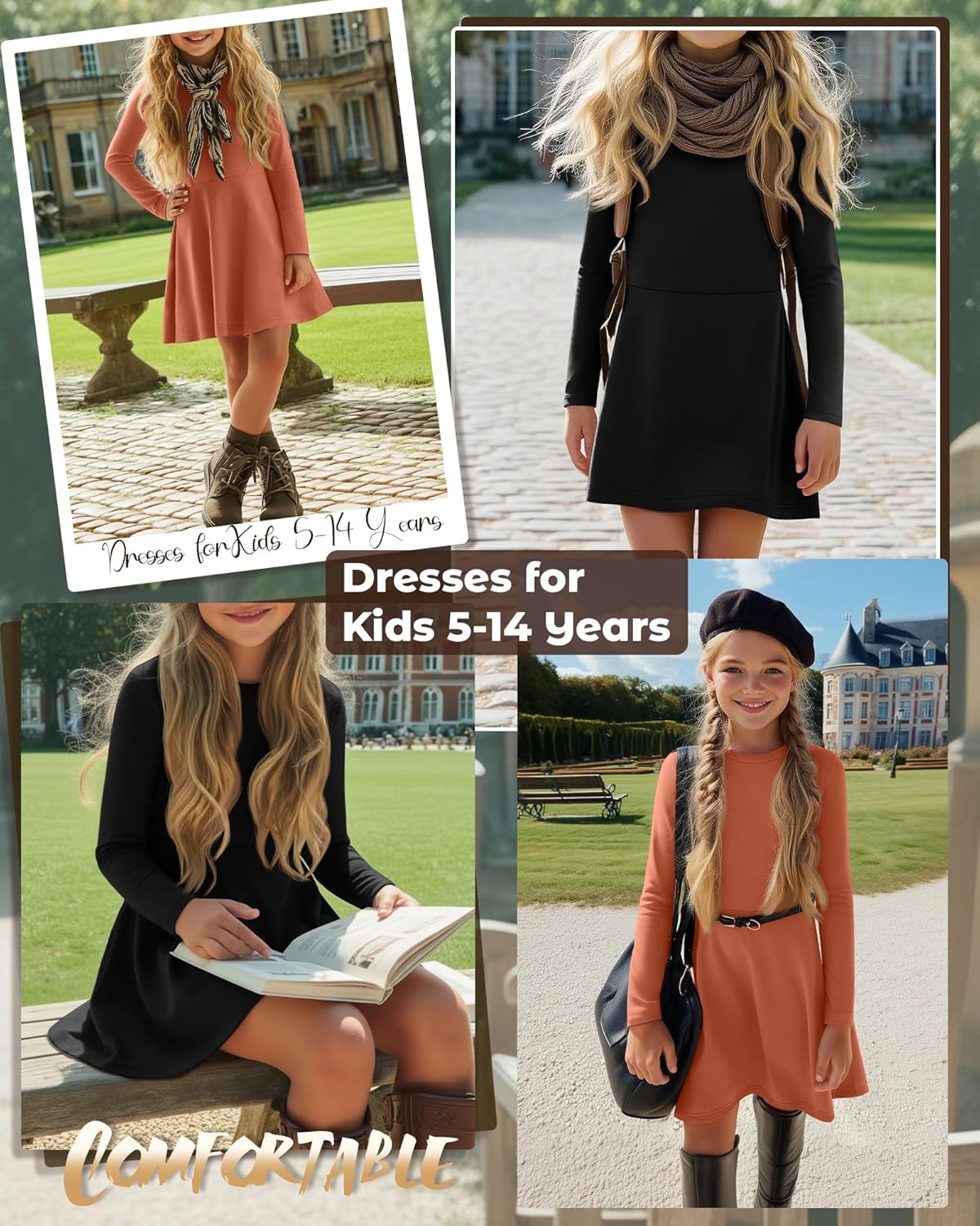 2 Pack Girls Long Sleeve Dress Skater Twirl a Line Crewneck Casual Fall Dresses for Kids 5-14 Years - Image 2