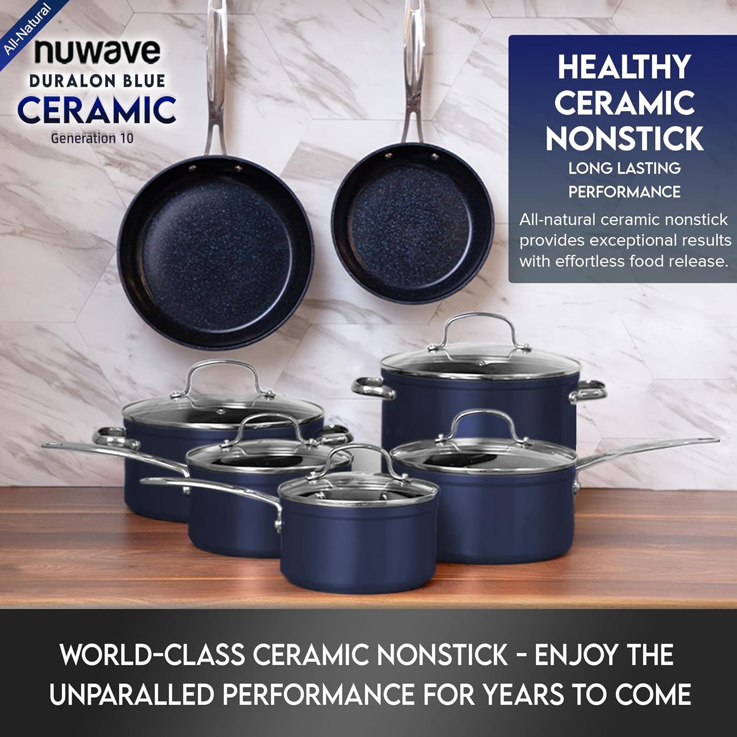 Nuwave Healthy Duralon Blue Ceramic Nonstick 12pc Cookware Set,Diamond Infused Scratch-Resistant,PFAS Free,Dishwasher & Oven Safe,Induction Ready & Evenly Heats, Tempered Glass Lids, Stay-Cool Handles - Image 8