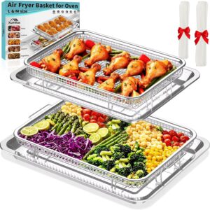 Air Fryer Basket for Oven, 2 Set Stainless Steel Pan & Crisper Tray (15″x11″ &12.8″x9.7″) with 60 Parchment Papers, Family-Size Non-Stick Oven Basket for Baking Chicken, Fries, Dishwasher Safe