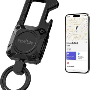 Keychain, Works with Apple Find My, Heavy Duty Keychain Bottle Opener, Carabiner Car Key Chains with Gps Tracker, Key Finder, Bluetooth Tracker for Luggage, Kids, Bags and More, Rechargeable, Black