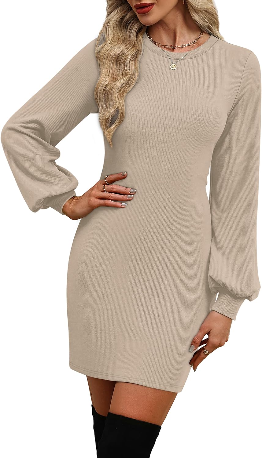 OFEEFAN Sweater Dresses for Women 2025 Fall Winter Puff Long Sleeve Crewneck Bodycon Fleece Ribbed Pullover Fashion Clothing - Image 2