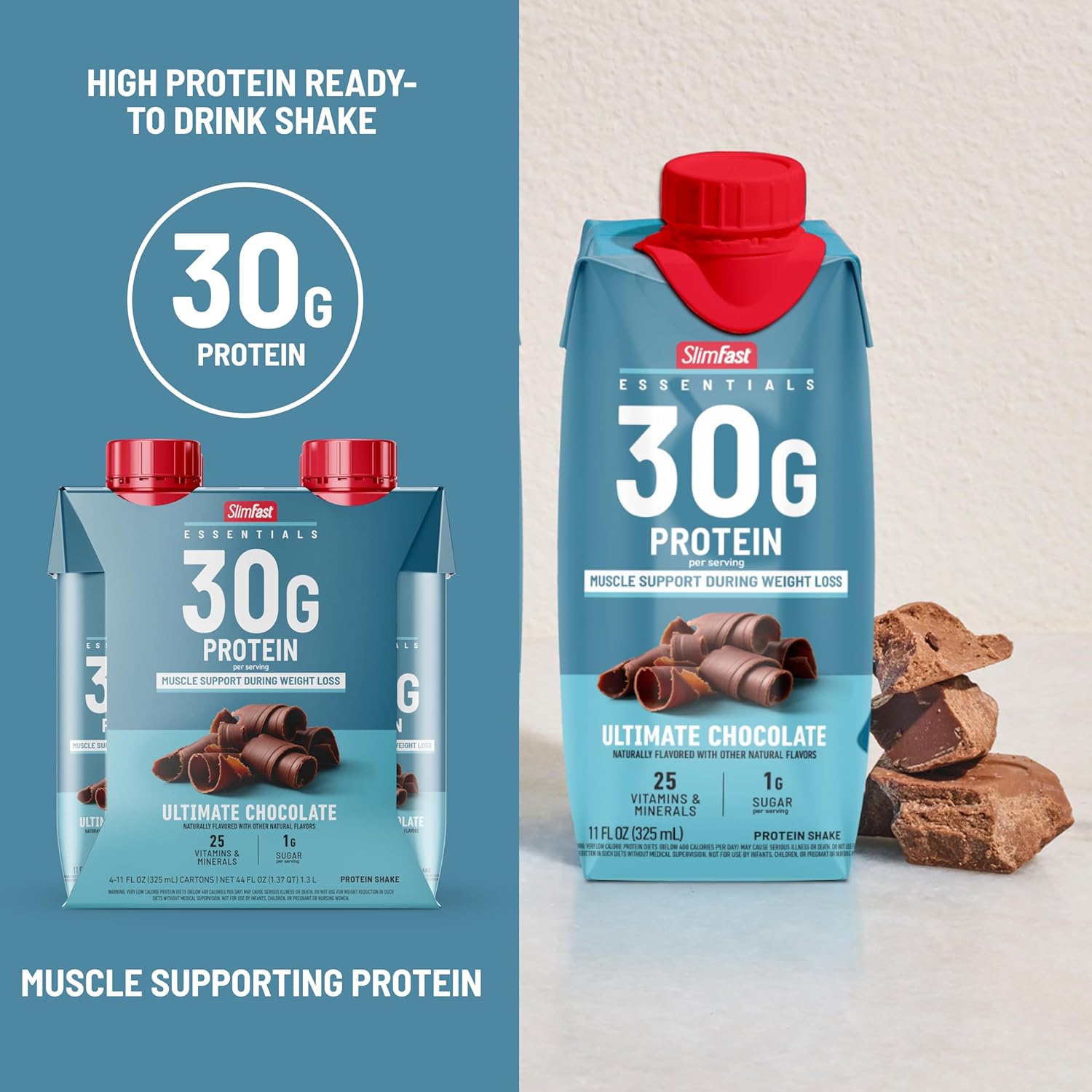 SlimFast Essentials 30g Protein Shake Chocolate, Protein Shakes Ready to Drink, Muscle Support, 1g Sugar, 25 Vitamins and Minerals, 3g Net Carbs, Ultimate Chocolate, 12 Count - Image 4