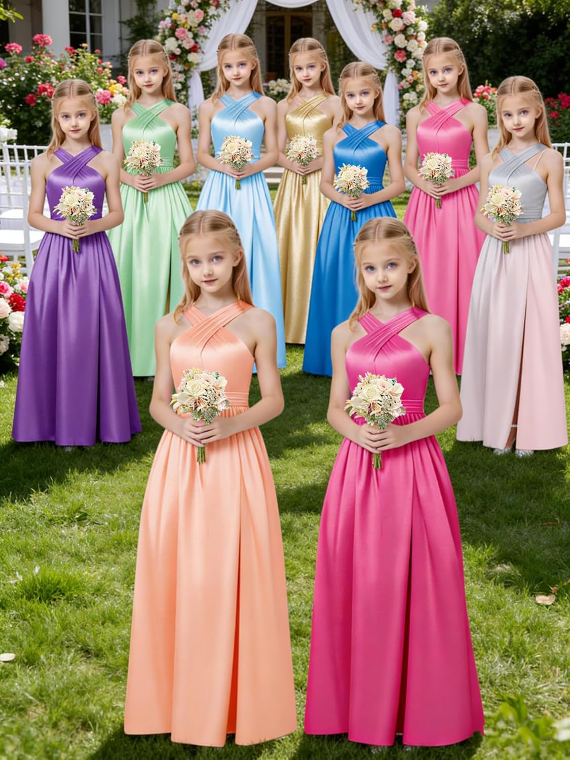 Junior Girls Bridesmaid Halter jr Bridesmaid Dresses for Teens Split Satin Flower Girl Formal Gown for Wedding - Image 4