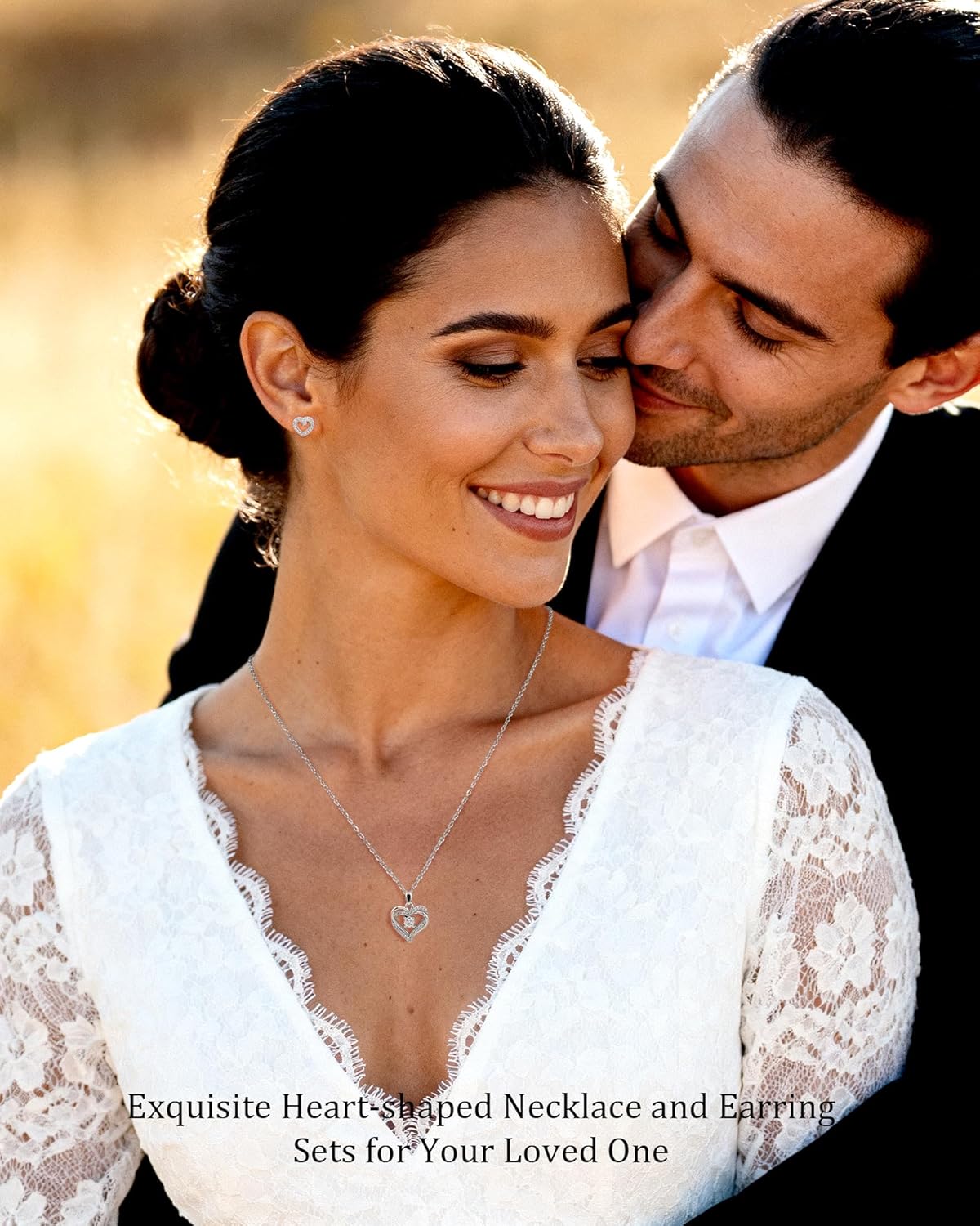 Silver Heart Shaped Jewelry Set Cubic Zirconia Heart Pendant CZ Adjustable Necklace and Simple Small Stud for Women - Image 3