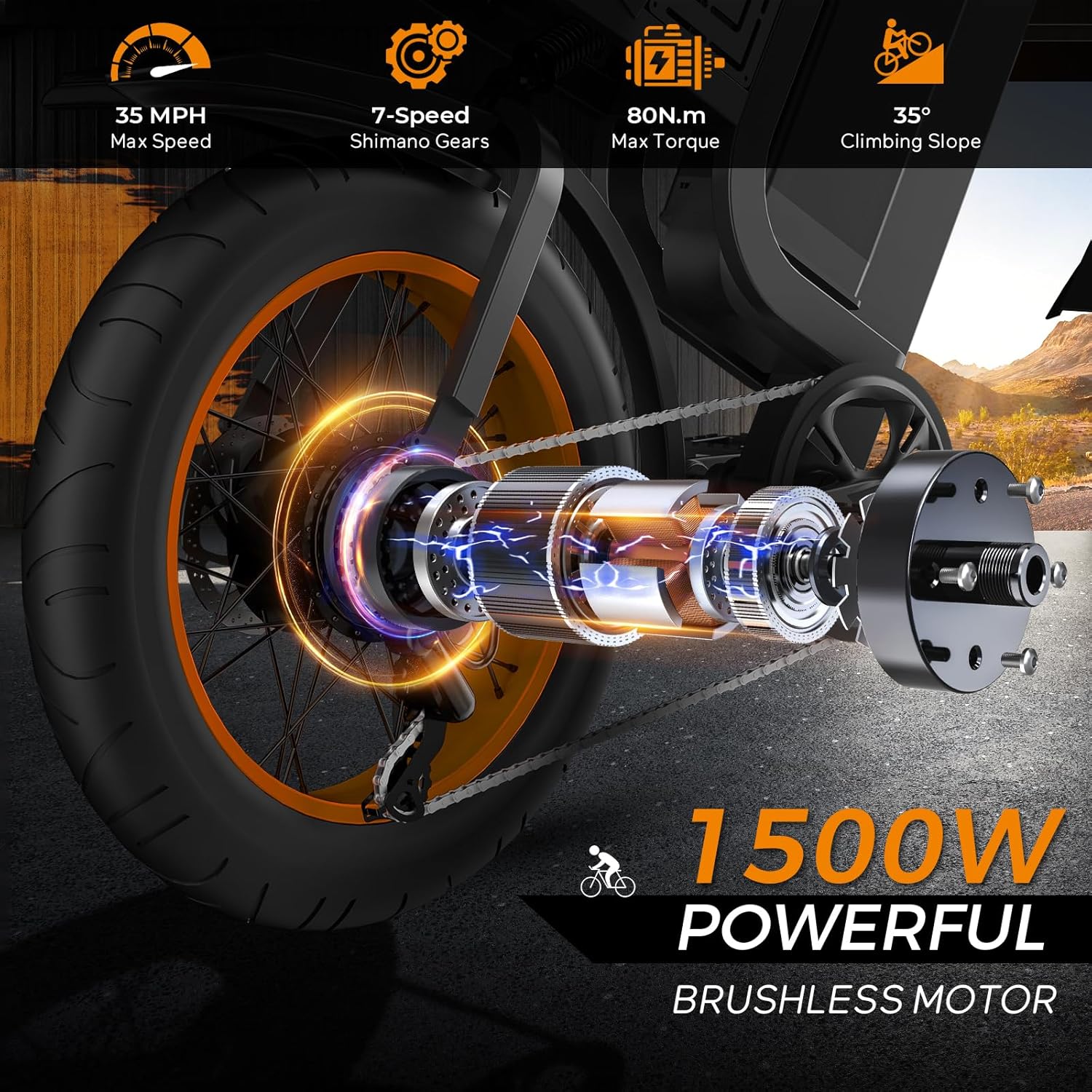 Movcan V40 Electric Bike For Adults,48V25Ah Removable Battery 20” Fat Tire Dirt Bike,1500W Motor 35MPH Top Speed 120 Miles Range Electric Motorcycle,7 Speed Dual Hydraulic Brake Ebikes For All-Terrain - Image 2