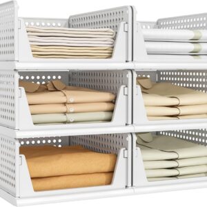 Pinkpum 6 Pack Closet Organizers Storage Bins, Stackable Plastic Drawer Basket for Clothing, Stackable Storage Bins Shelf Storage Container for Closet Wardrobe Bedroom Bathroom Office White