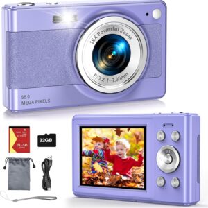 2025 New Digital Camera, 56MP FHD 1080P for Kids with 16x Digital Zoom Anti Shake, Face Detect, Smile Capture, 32GB TF Card, Battery, Lanyard, a Great Gift for Boys & Girls（Purple）