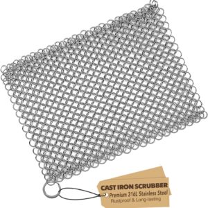 Cast Iron Scrubber 316 Stainless Steel Skillet Cleaner 8″x6″ Chainmail Scrubber Scraper Chain Mail Link Scrub for Cast Iron Pre-Seasoned Pans, Griddles, BBQ Grills, and Pot Cookware Cleaning