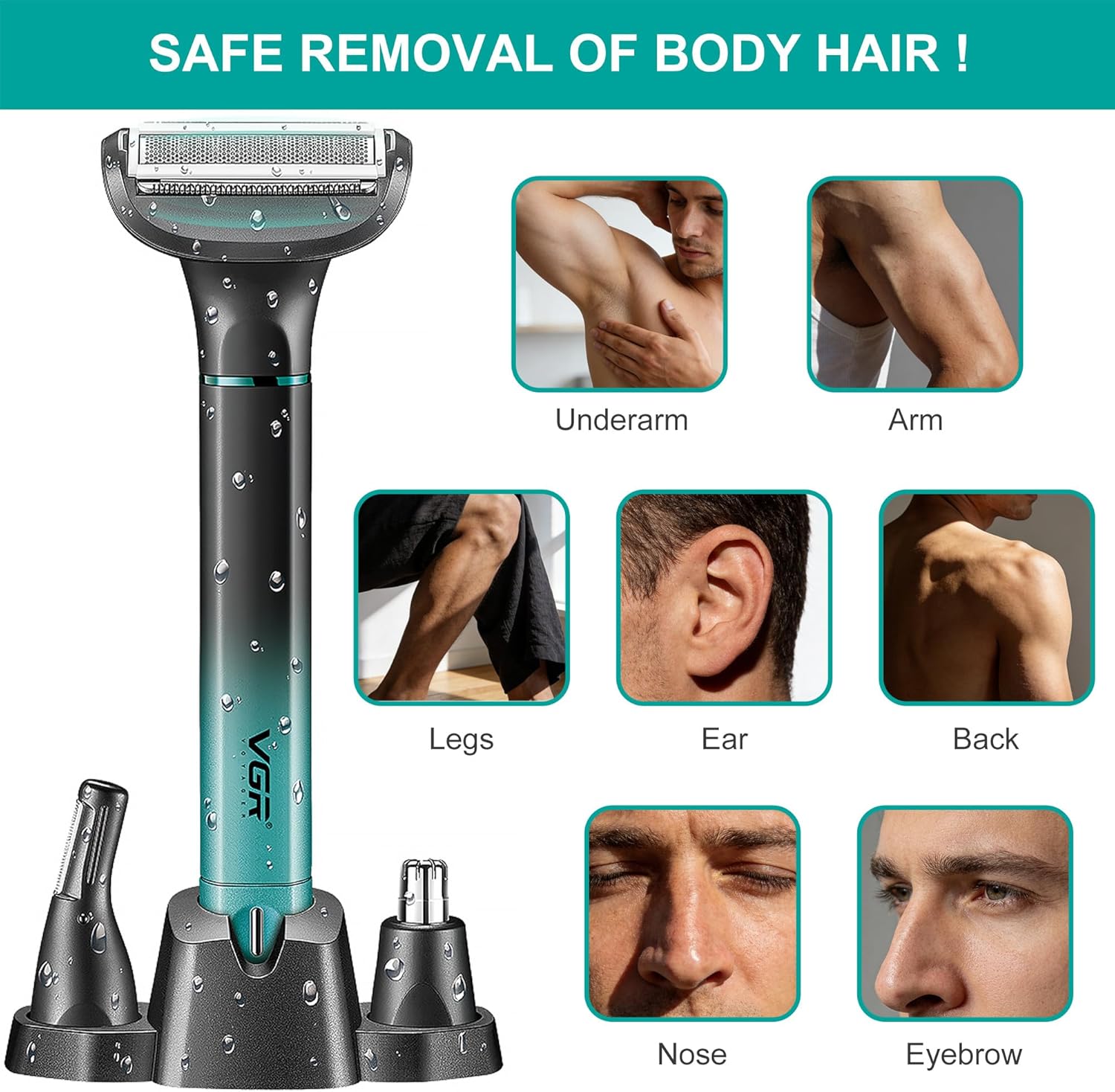 VGR 625 Body Hair Trimmer for Men,3-in-1 Versatile Electric Trimmer for Body/Eyebrow/Beard/Nose/Ear Hair,USB Rechargeable Mens Grooming Kits, IPX5 Waterproof Mens Shaver Portable Travel Set - Image 3