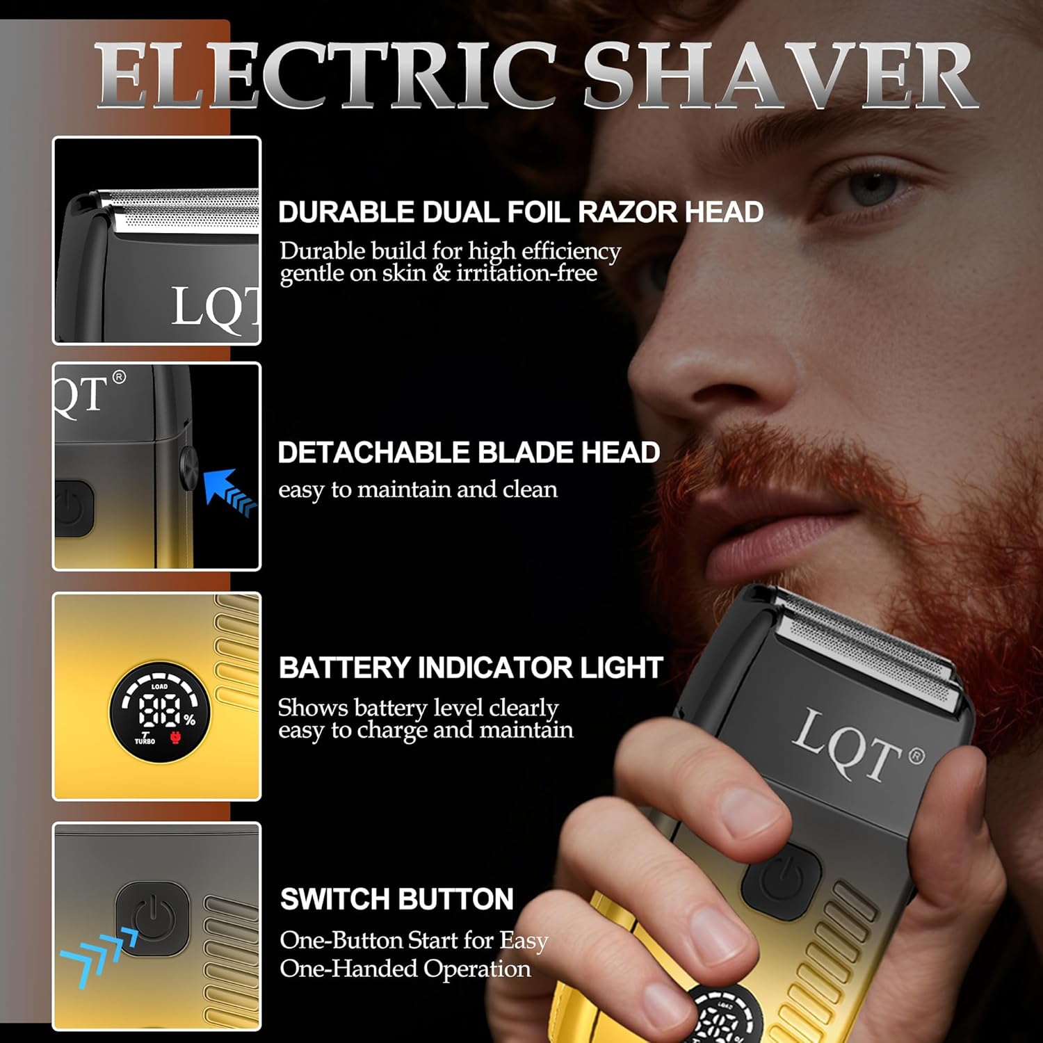 3-in-1 Barber Kit, Professional Hair Clipper, T-Blade Trimmer & Foil Shaver Set, Long-Lasting Battery, LED Display, Cordless Rechargeable Hair Cutting Tools for Men, Gold, Home-use, Gifts for Men - Image 6