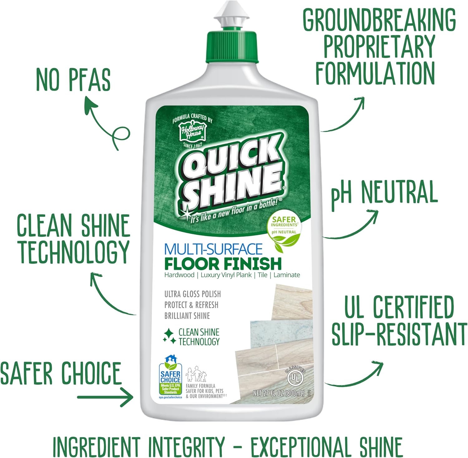 Quick Shine Multi Surface Floor Cleaner & Floor Polish w/Clean Shine Technology 2-27oz Bottles | Use on Hardwood, Laminate, Luxury Vinyl Plank, Tile & Stone | Safer Choice Formulas - Image 4