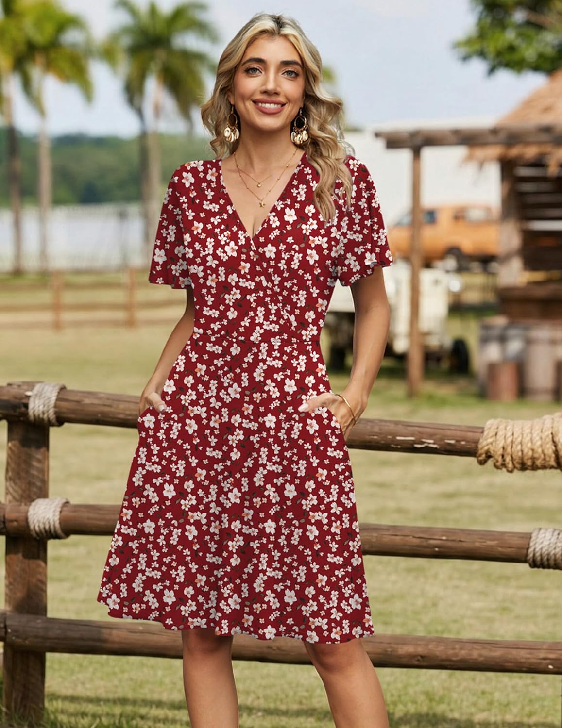 Zeagoo Womens Summer Sundress Ruffle Short Sleeve Casual Dresses V Neck Floral Wrap A-Line Party Dress with Pockets - Image 4