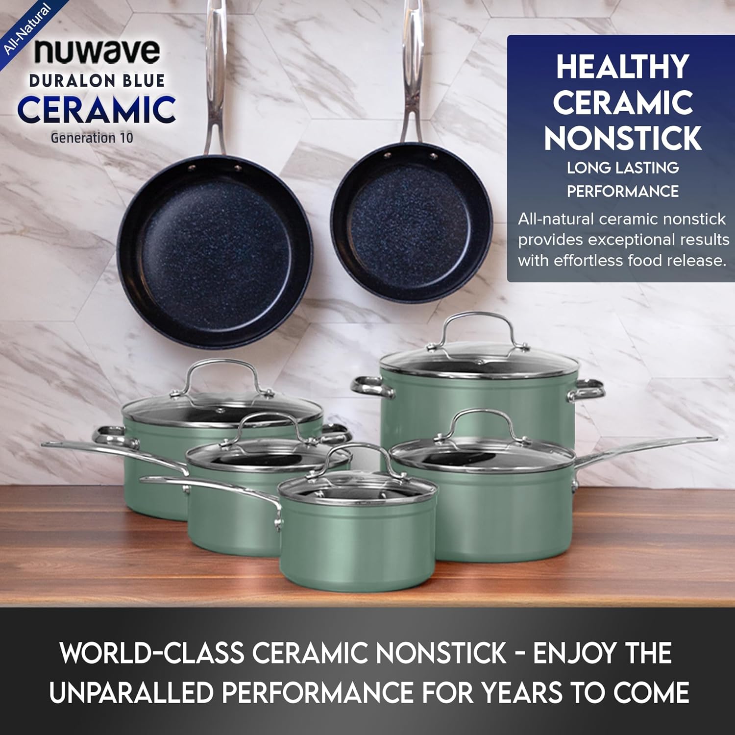 Nuwave Healthy Duralon Blue Ceramic Nonstick Cookware Set, Diamond Infused Scratch-Resistant, PFAS Free, Dishwasher & Oven Safe, Induction Ready & Evenly Heats, Tempered Glass Lids & Stay-Cool Handles - Image 8