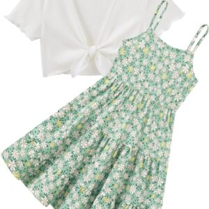 RAISEVERN 7-14Y Girls Adjustable Strap Sleeveless A Line Dress with Cardigan 2 Piece Set