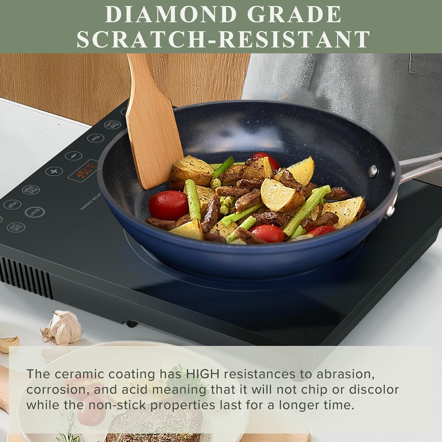 Nuwave Healthy Duralon Blue Ceramic Nonstick 12pc Cookware Set,Diamond Infused Scratch-Resistant,PFAS Free,Dishwasher & Oven Safe,Induction Ready & Evenly Heats, Tempered Glass Lids, Stay-Cool Handles - Image 4