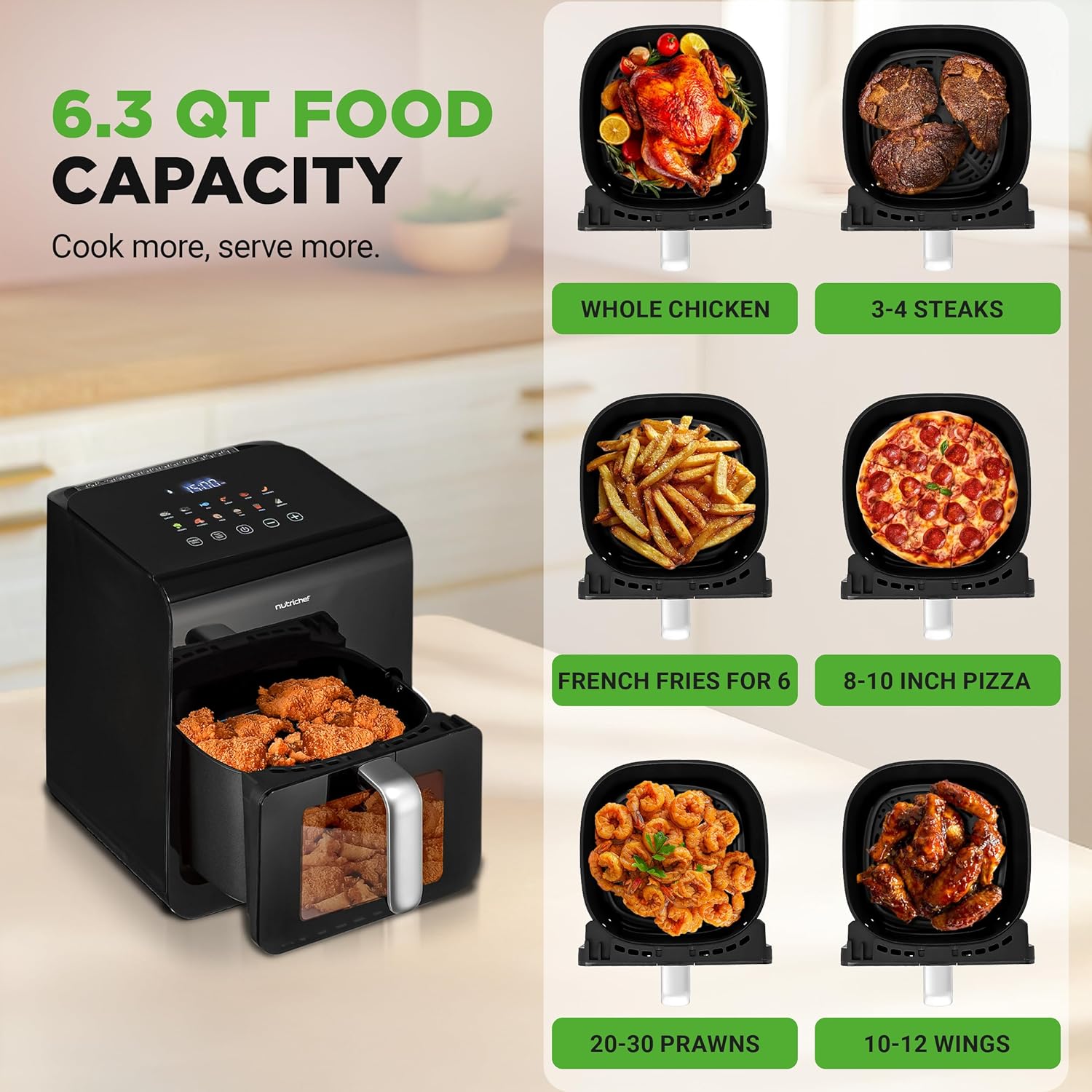 Nutrichef Electric Air Fryer Large 6.3 Quart Capacity | 12-1 Preset Cooking Functions | Includes Tenderizing Function | Digital Display | Transparent Window For Best Cooking Results | Black - Image 5