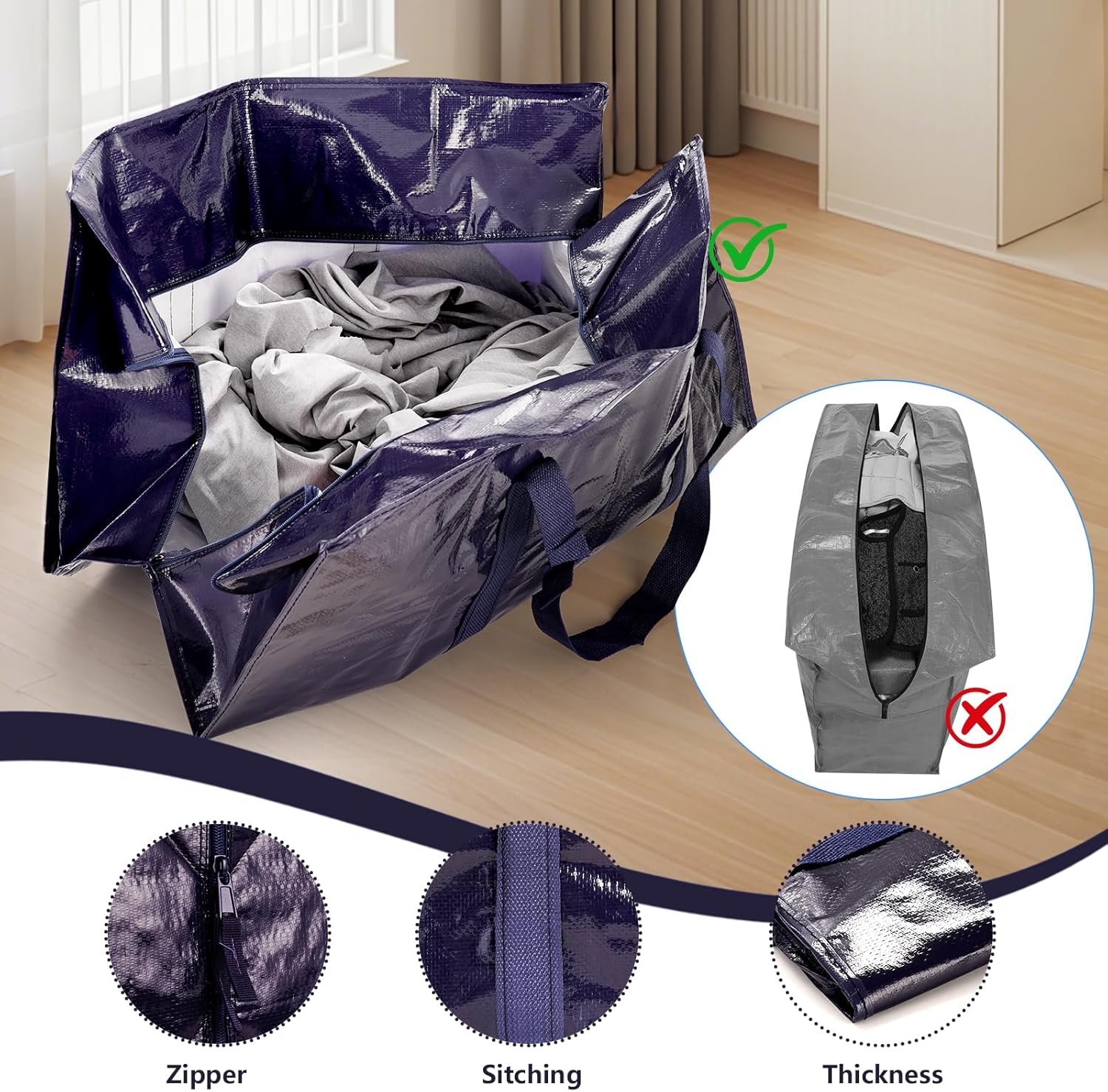 12 Pack Extra Large Heavy Duty Moving Bags with Reinforced Zipper & Wide Handles, Moisture-Resistant Storage Bins Packing Cubes for Clothes, College Dorm, Travel, and Home Organization, DarkBlue - Image 6