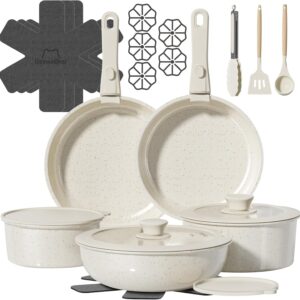 23 Pcs Pots and Pans Set Non Stick, Ceramic Cookware Set Non Toxic with Detachable Handles, Healthy Induction Cookware Oven Safe RV Kitchen Set, PFAS PFOA & PTFE Free, Cream White