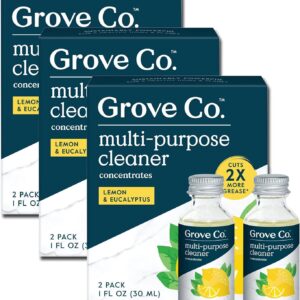 Grove Co. Multi-Purpose Cleaner, Refill Concentrate (6 x 1 Fl Oz) Plant-based Household Cleaning Supplies, Ammonia & Chlorine Free, No Plastic Waste, Lemon & Eucalyptus Scent, Total 3 x 2 Pack Refills