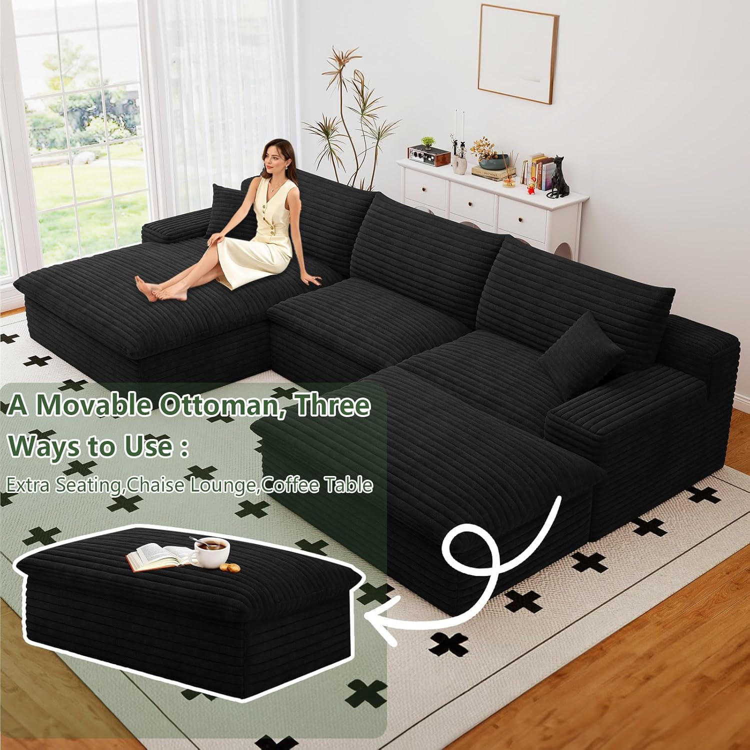 107" Cloud Couch Modular Sectional Sofa for Living Room, U-Shape Boneless Couch with Deep Seat, Modern Corduroy 3-Seater with Ottoman, No Assembly Required (Black,Left-Facing Chaise) - Image 6