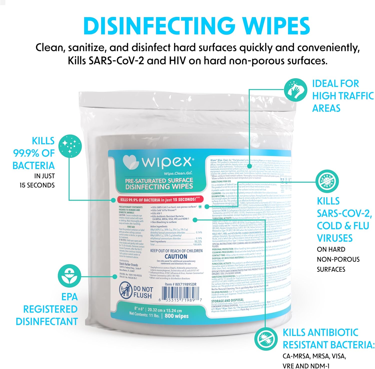Wipex Disinfecting Surface Wipes - EPA Registered Gym Equipment Cleaner Refills, Safely Kill Germs in 15 Seconds, 800ct Gym Sanitizing Wipes for Wall, Free Standing dispensers, Pack of 4 (3200 Wipes) - Image 4