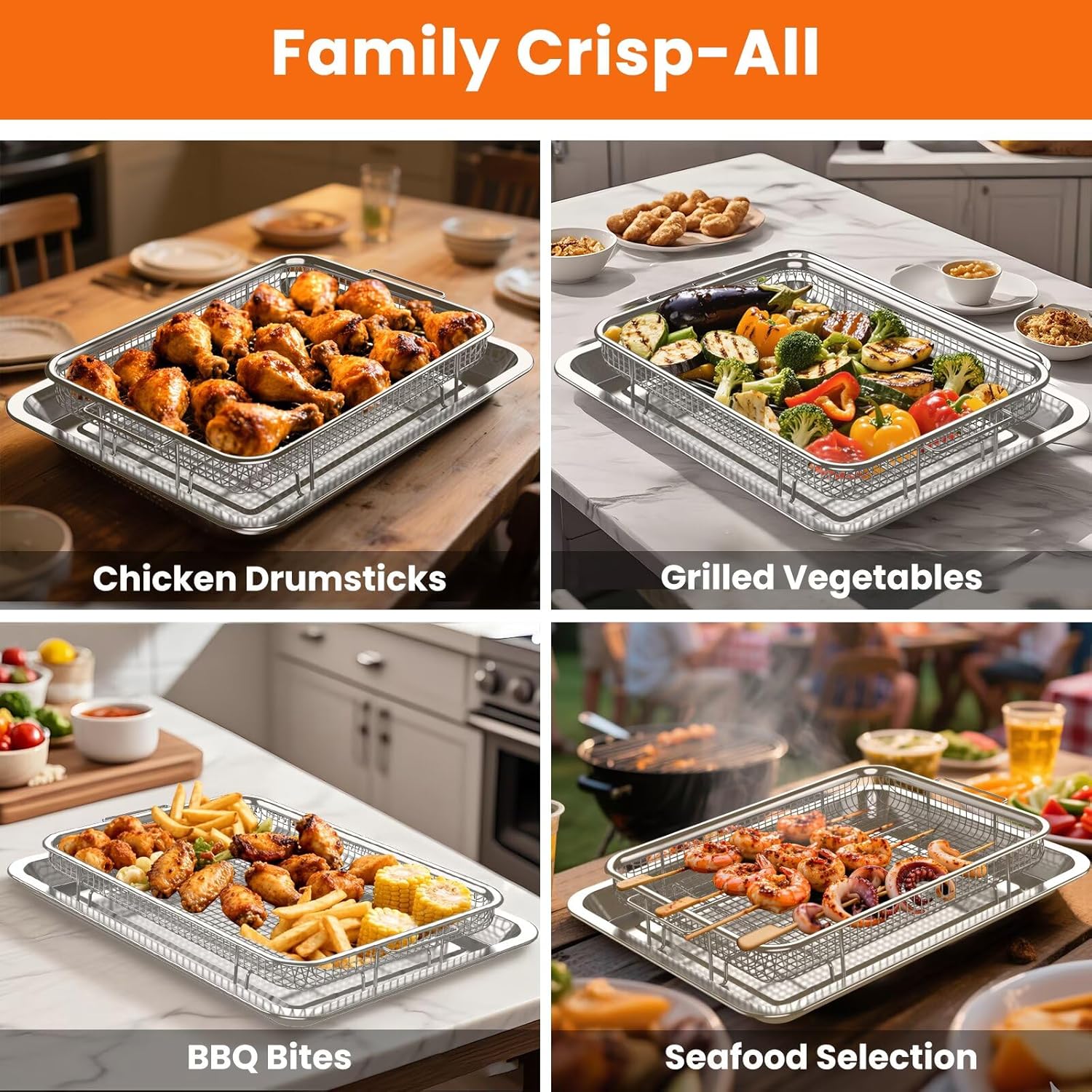 Air Fryer Basket for Oven, 2 Set Stainless Steel Pan & Crisper Tray (15"x11" &12.8"x9.7") with 60 Parchment Papers, Family-Size Non-Stick Oven Basket for Baking Chicken, Fries, Dishwasher Safe - Image 7