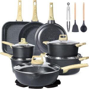 GiPP 21Psc Pots and Pans Set Non Stick – Grey Ceramic Kitchen Cookware Sets Nonstick Induction Cookware Non-toxic Cooking Pan Set with Silicone Utensils, PFOS and PFOA Free