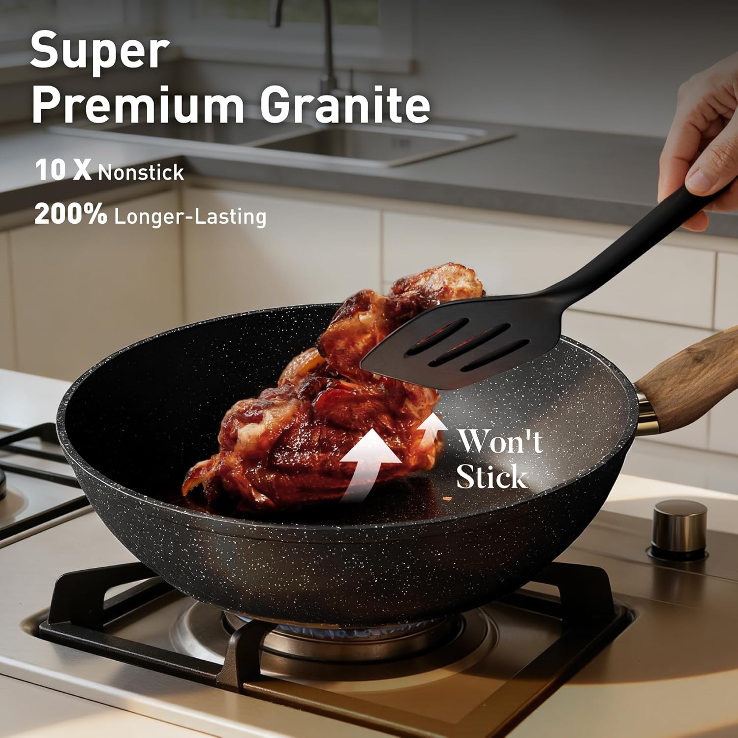 DishDelight Induction Pots and Pans Set Non Stick, 12 Piece Nonstick Kitchen Cookware Sets, Nonstick Granite Cooking Set Induction Pots and Pans, Induction Cookware Sets with Frying Pans, Black - Image 3