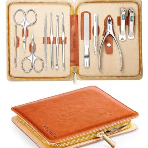 MR.GREEN 12-in-1 Manicure & Pedicure Set – Professional German Stainless Steel Nail Clippers,Cuticle Tools & Nail Care Kit, Travel Grooming Kit for Men & Women with Leather Case (Caramel Brown))