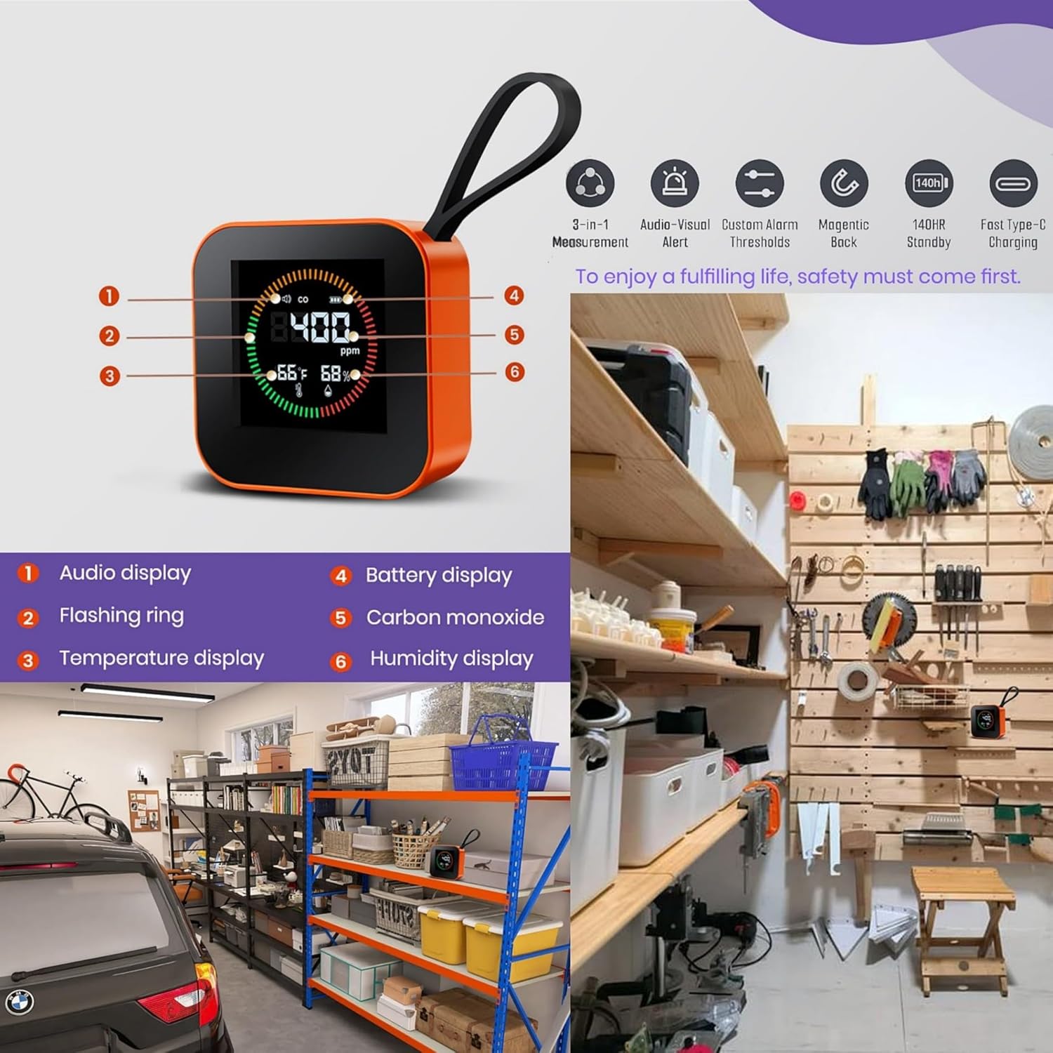 Portable Carbon Monoxide Detector for Travel – Nexus Sensus 3-in-1 CO Detector with Temp & Humidity Monitor, UL-Compliant USB-C Rechargeable Alarm for RV, Hotel, Camping, Home(1, Orange) - Image 2