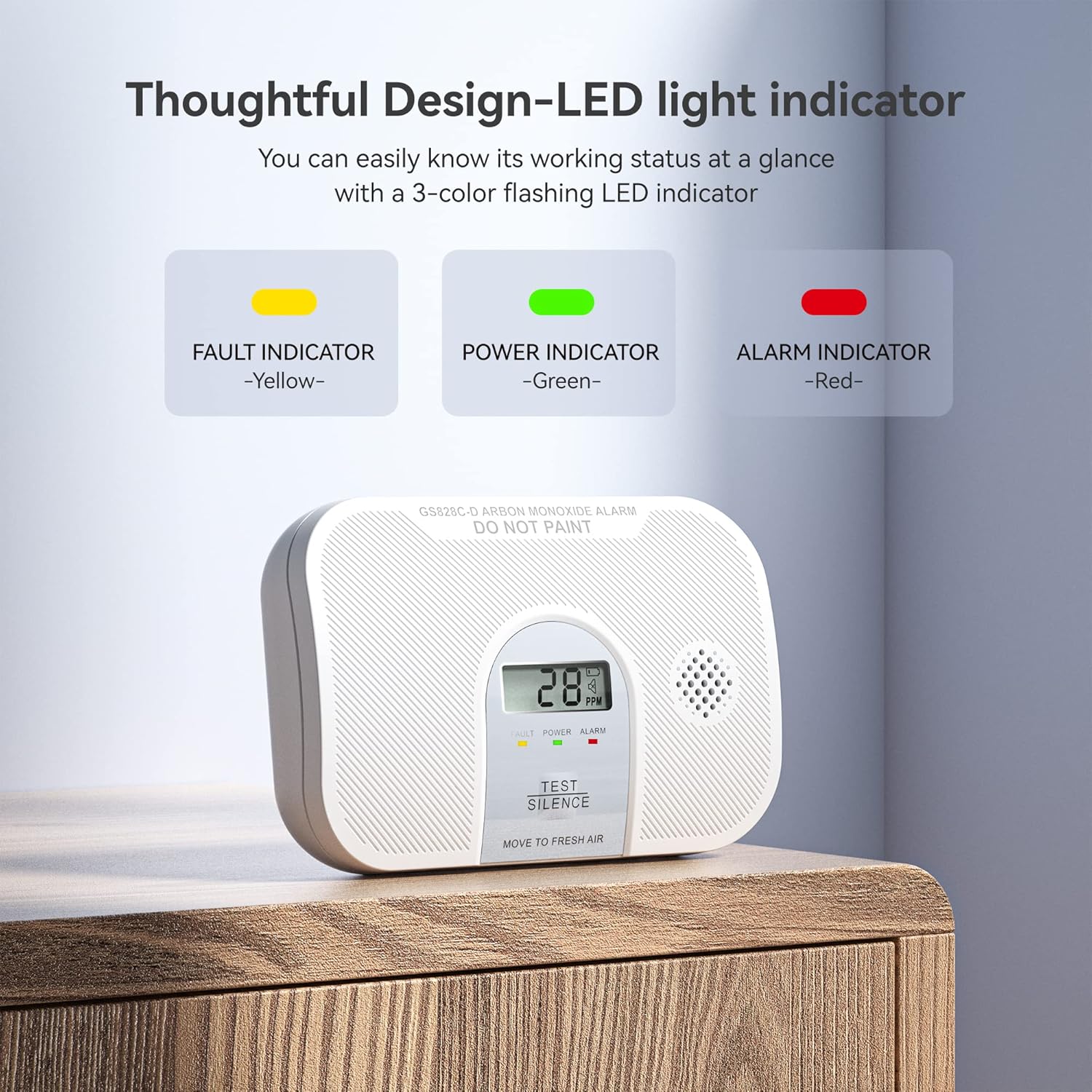 Carbon Monoxide Detector, 10-Year Life Carbon Monoxide Alarm, Replaceable Battery CO Detector with LCD Digital Display and Test Button, 3 LED Lights CO Alarm for Home, GS828C-D, 2 Pack - Image 5