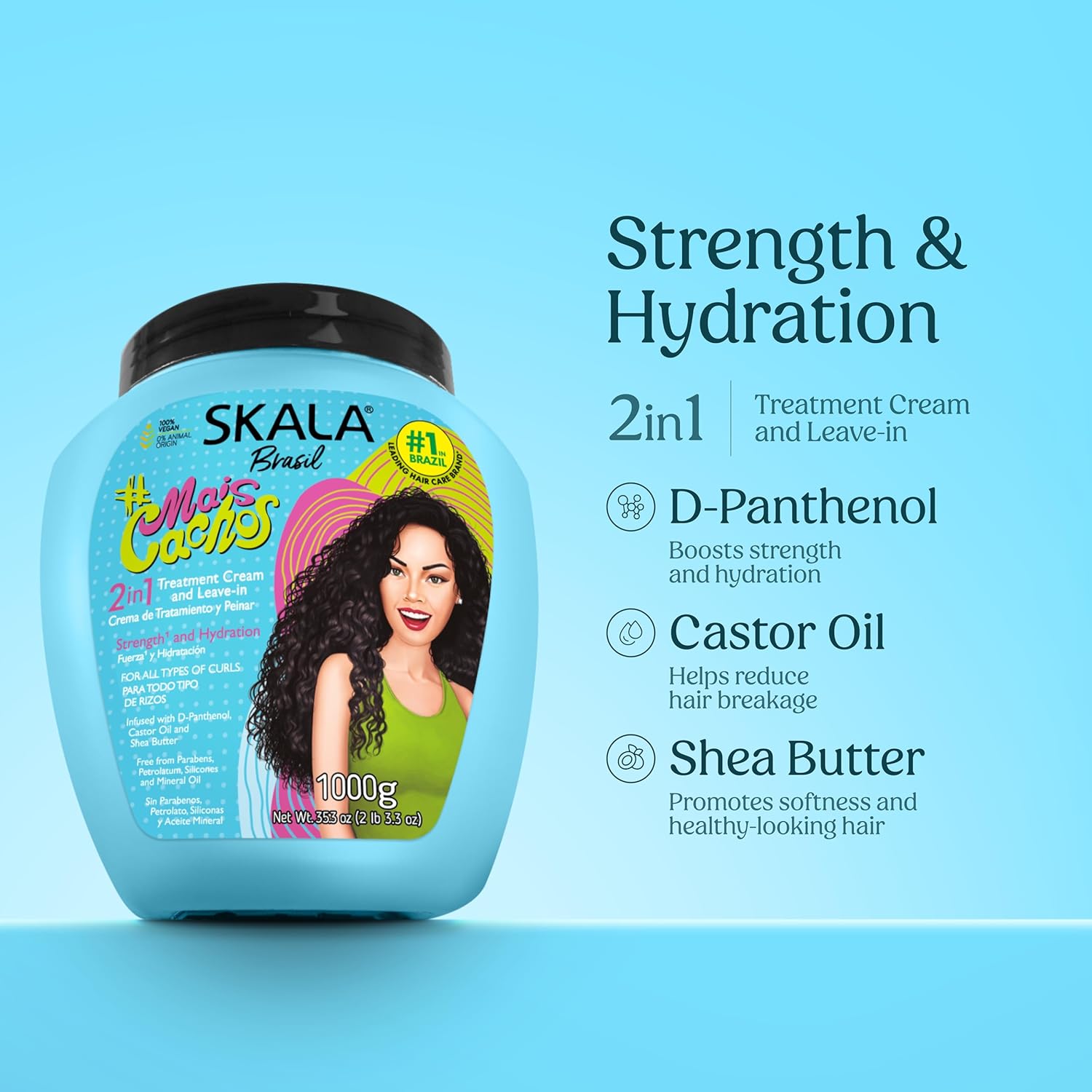 SKALA Expert Mais Cachos 2 in 1 Treatment Cream & Leave In Conditioner for Curly Hair, Vegan Hair Mask, Shea Butter & Castor Oil, Deep Hydration Mask, Softening & Smoothing, Anti Frizz Formula, 1000g - Image 3
