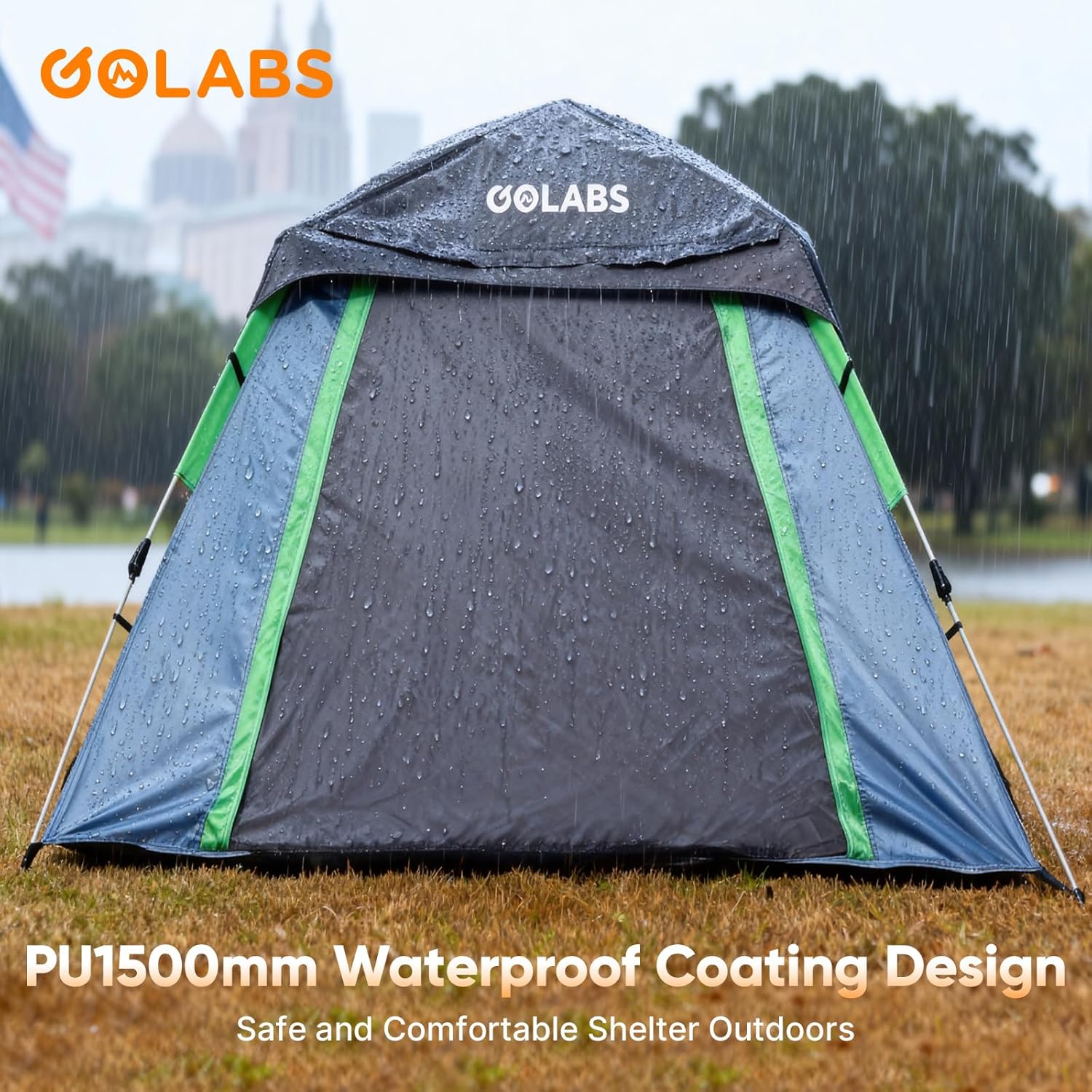 Golabs 2-3 Person Camping Tent w/ 9.5x8.5 ft Canopy, 3-Minute Setup by Pre-Attached Pole, PU1500mm Waterproof, 4 Side Mesh Tent Top & Door & Ventilation, Portable Family Tent w/Carry Bag&Pocket &Hook - Image 4