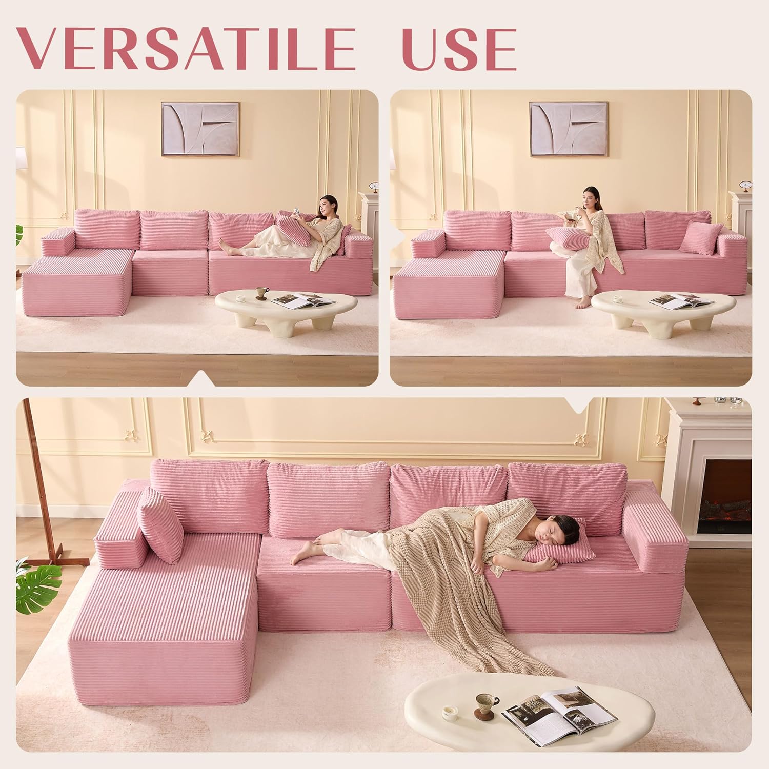138" Boneless Couch with Deep Seat, Set of Modular Sectional Sofa, Cloud Sectional Couch for Living Room, No Assembly Required, Corduroy, 4 Seater L-Shape Left, Pink - Image 3