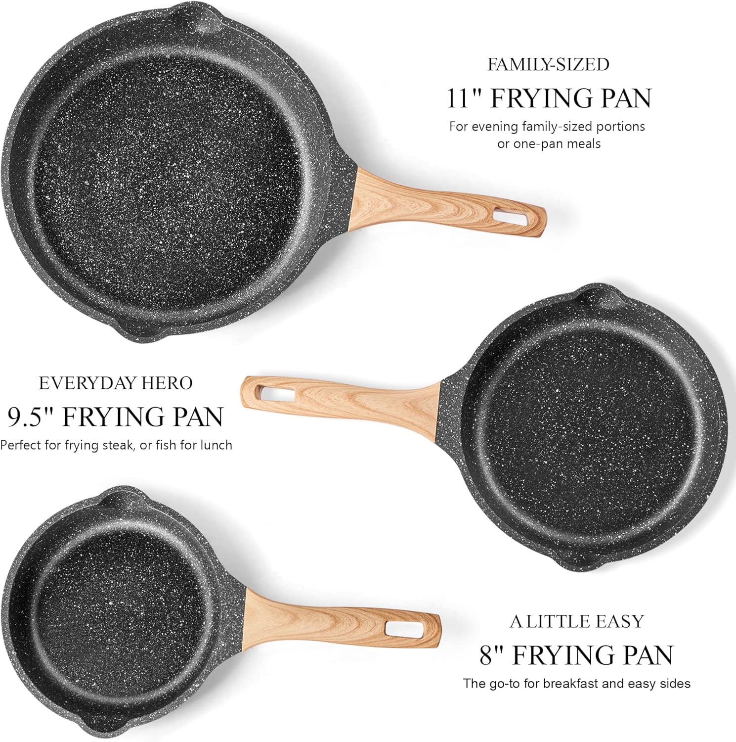 Non Stick Frying Pan Set - YIIFEEO Granite Skillet Set with 100% PFOA & PTFE Free, Induction Egg Omelette Pans for Cooking Pan Set, Cookware Set Nonstick Pots and Pans Set Gift for Women - Image 2
