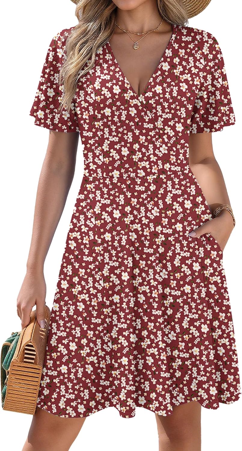 Zeagoo Womens Summer Sundress Ruffle Short Sleeve Casual Dresses V Neck Floral Wrap A-Line Party Dress with Pockets - Image 2