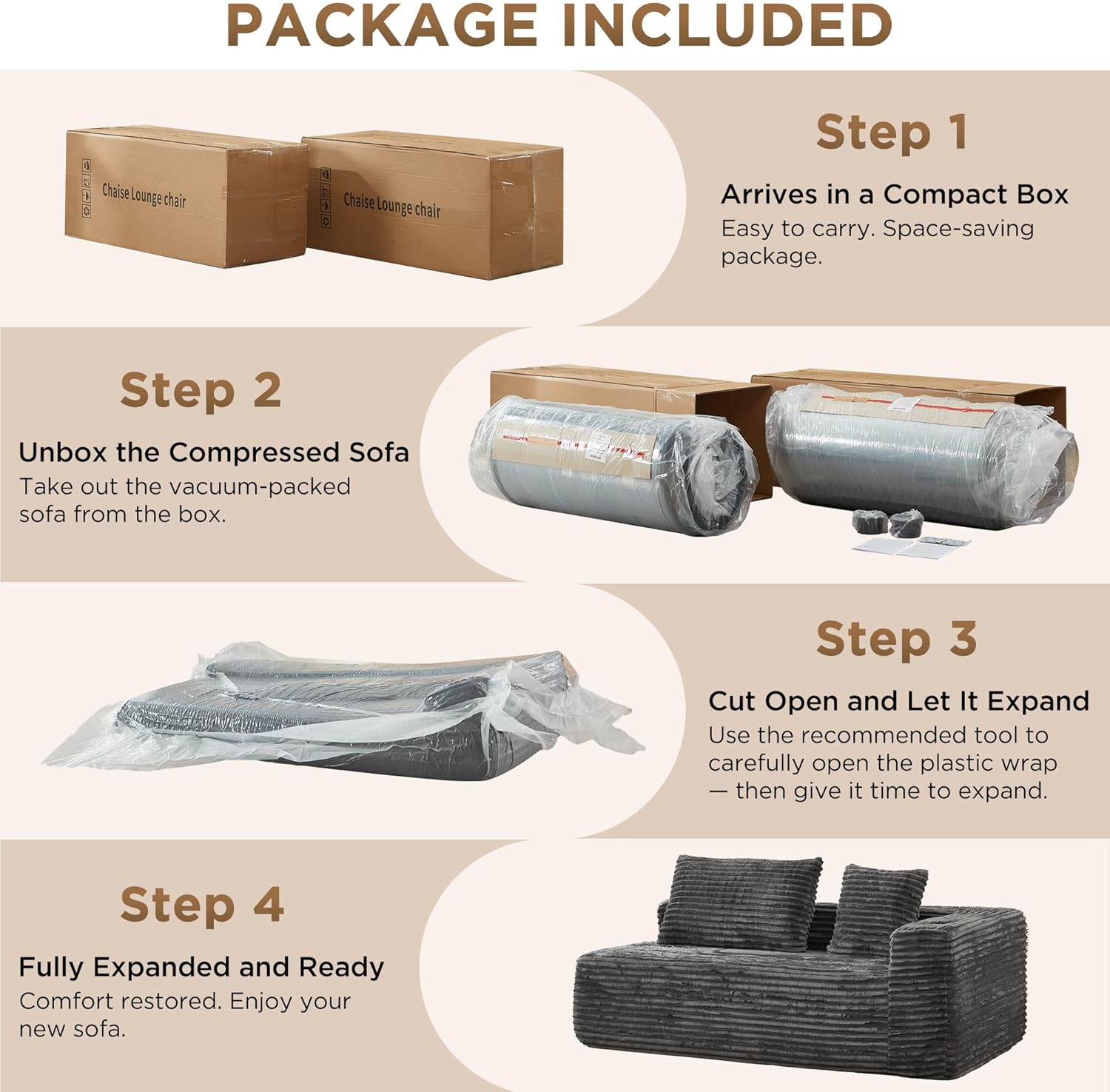 Modular Compressed Sectional Sofa Set – Velvet Corduroy Upholstery, Convertible Couch with Cup Holders and Pillows for Living Room, Grey - Image 6