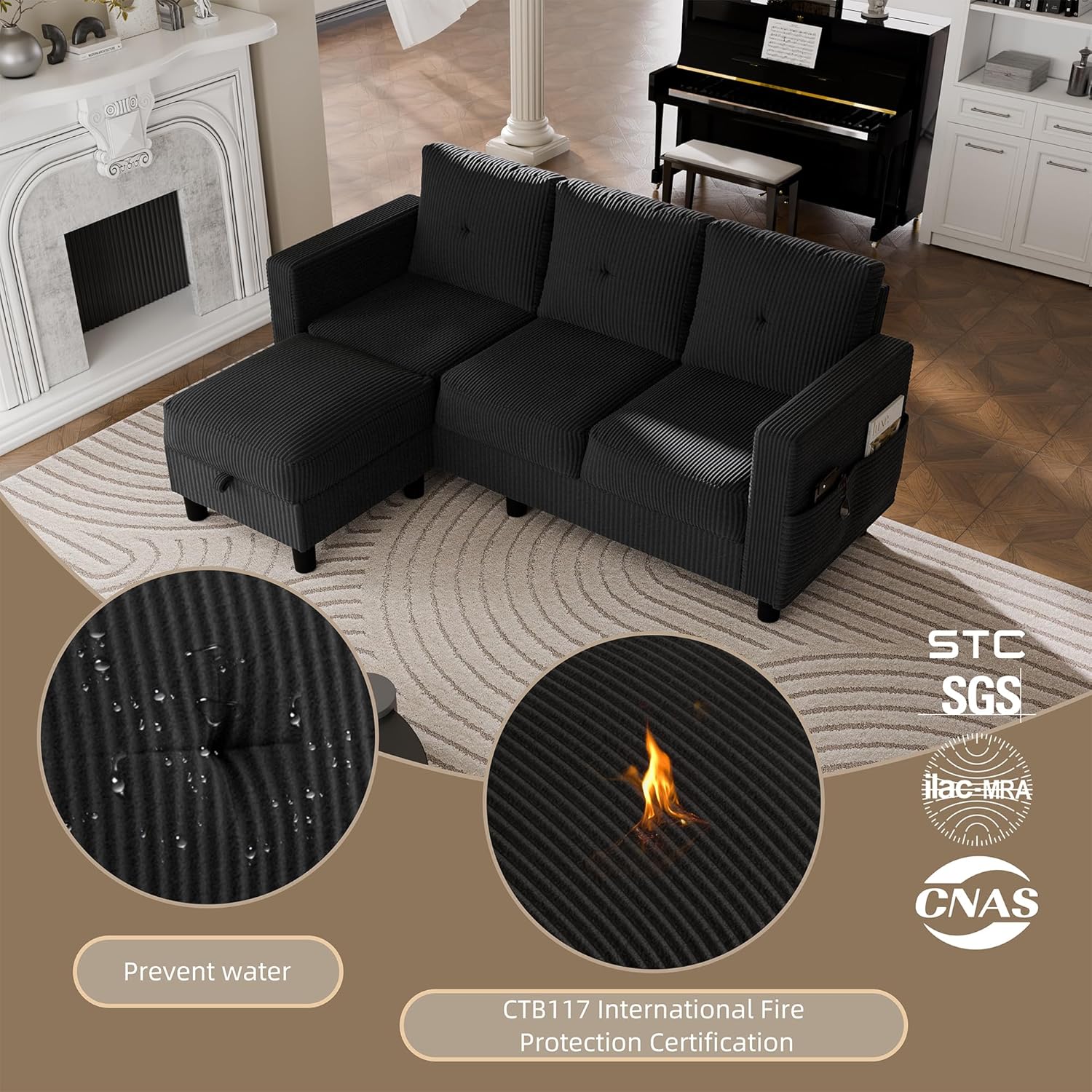 JAMFLY Convertible Sectional Couches for Living Room, L-Shaped Couch 3 Seat Sectional Sofa Set with Corduroy Fabric and Movable Ottoman Small Couch for Apartments, Office(Black) - Image 6