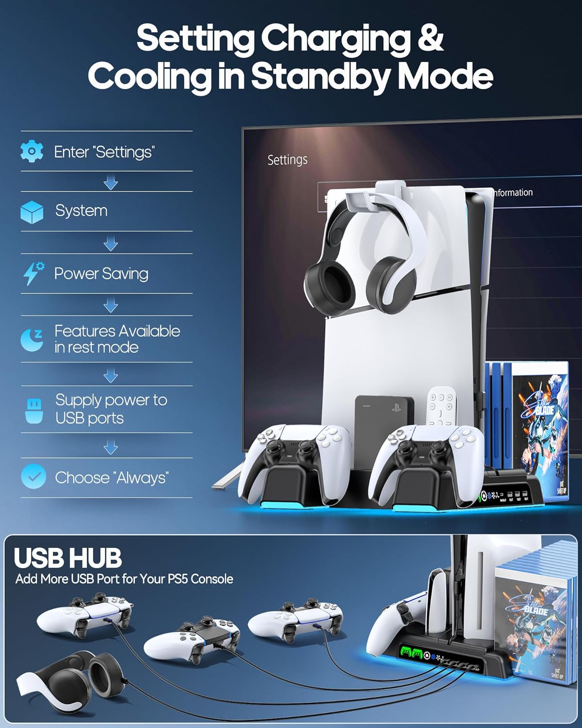 PS5/ Slim/Pro Stand for Disc & Digital Console, PS 5 Cooling Station with Dual Controller Charging Station for PlayStation 5 Console, 3-Level Fan PS5 Controller Charger Accessories Stand-Black - Image 6