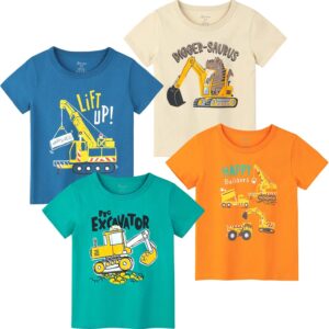 Poroka 4 Pack Toddler Boys Short Sleeve T-Shirts Crewneck Tee Shirts Cotton Cartoon Graphic Tops Tees Excavator Dinos Animal