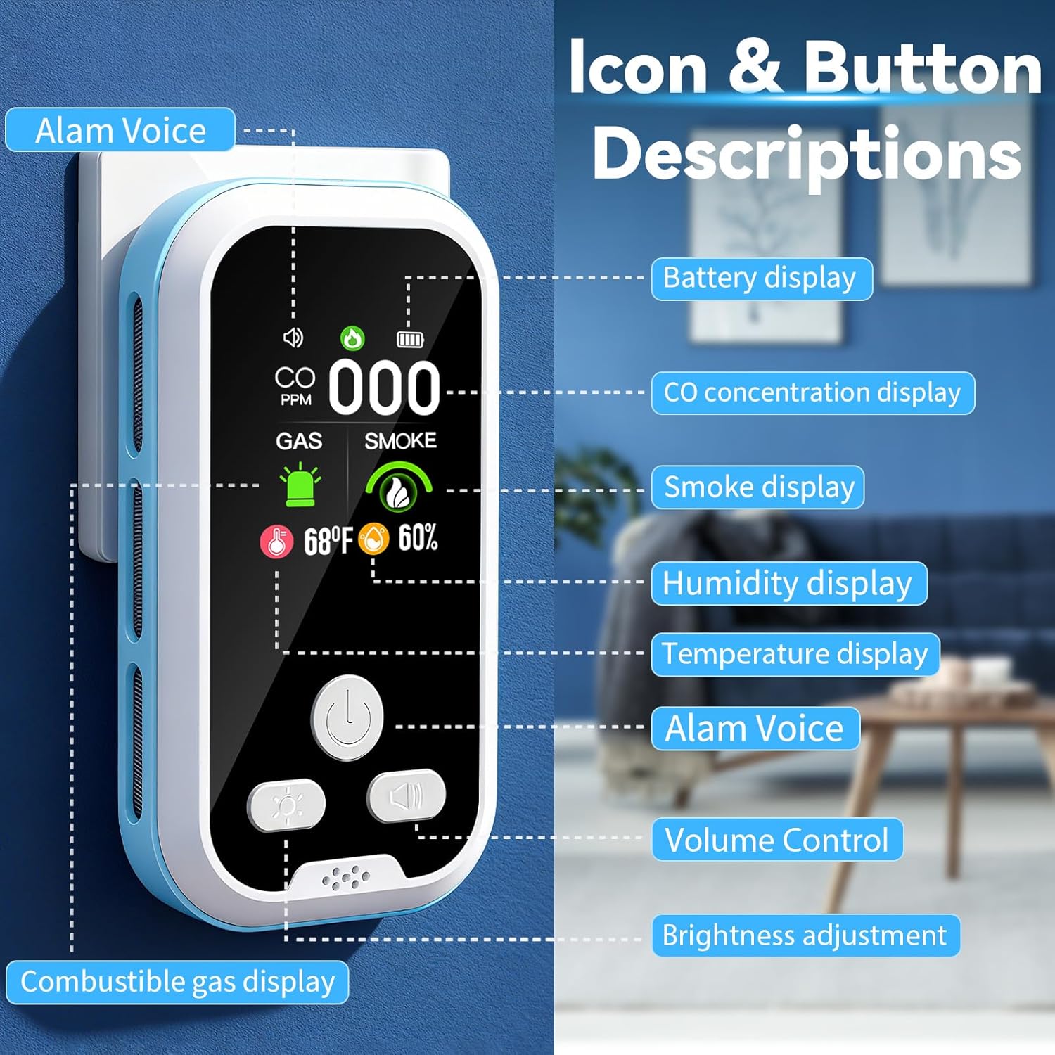 6 in1 Carbon Monoxide Detector Combo with HD Screen Monoxide Alarm, Detects CO, Natural Gas, Smoke, Temperature, and Humidity for Home, Apartment, Hotel, Camping RV Safety Gifts Idea - Image 2